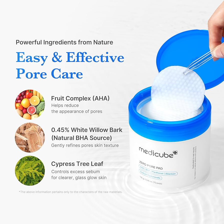 MEDICUBE Zero Pore Pad 2.0 (70 Pads / 155 g)
Dual-Textured Facial Pad with 4.5% AHA Lactic Acid, 0.45% BHA Salicylic Acid